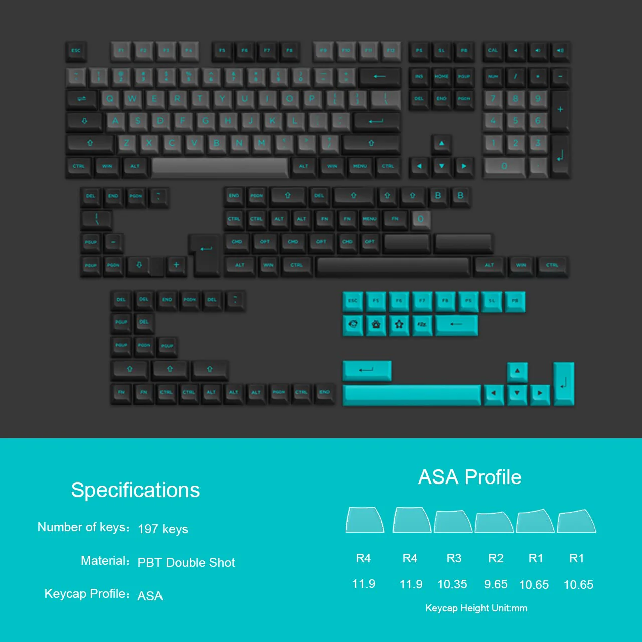 Black & Cyan Tastenkappen Set (197 Tasten) - Image 3